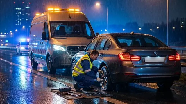 Gaziemir'de yağmurlu yolda lastik desteği veren mobil yol yardım aracı
